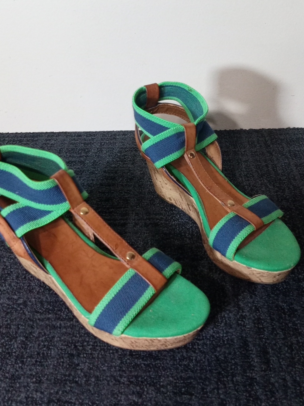 Tommy Hilfiger Green and Navy Striped Cork Wedge Sandals